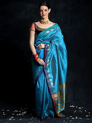 Ocean Blue Art Silk Kanjivaram Saree with Lotus Border and Zari Stripes