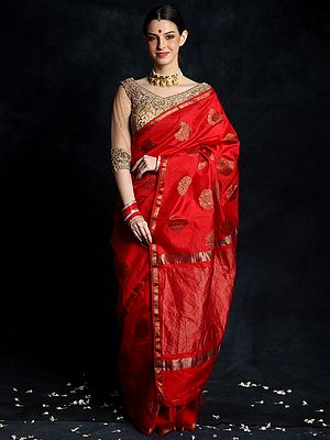 True Red Art Silk Saree with Brocade Border and Buttas