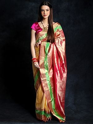Colorblocked Tri-Color Pure Silk Kanchipuram Saree