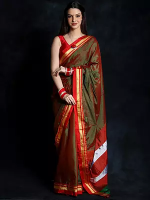 Traditional South Silk Mangalgiri Maroon Saree with Woven Zari Border Ornate Pallu