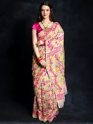 Baby Pink Muslin Cotton Saree with Woven Multicolored Floral Vine and Magenta Palla