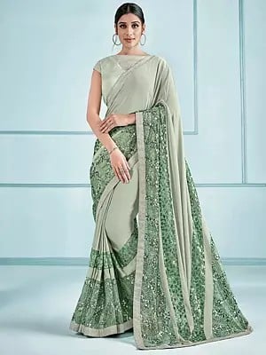 Sea-Green Lycra Saree With Sequins-Stone Embroidery And Raw Silk Blouse