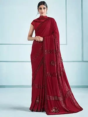 Haute-Red Lycra Sequins-Stone Embroidered Saree with Taffeta Silk Blouse