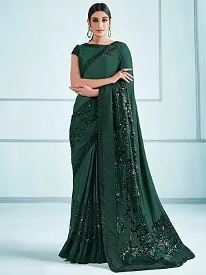 Bistro-Green Sequins Embroidered Lycra Saree With Raw Silk Blouse