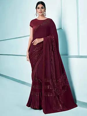 Dark-Maroon Lycra Sequins Embroidered Saree with Raw Silk Blouse