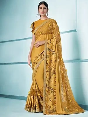 Mustard Sequins Embroidered Lycra Saree with Raw Silk Blouse
