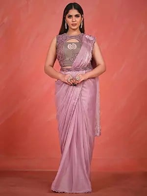 Onion-Pink Satin Silk Saree With Sequins-Thread Embroidery And Twinkle Georgette Blouse