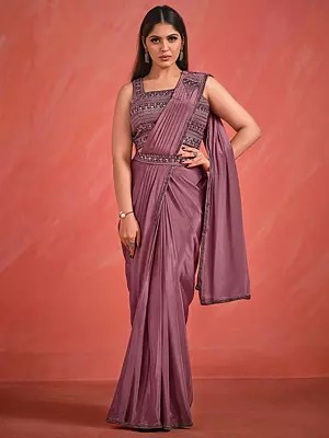 Dusky-Wine Crepe Silk Georgette Saree With Blouse And Sequins, Thread, Kardana Work