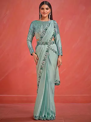 Light-Blue Crepe Silk Satin Saree with Japan Satin Blouse and Sequins-Stone Embroidery