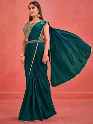 Blue-Coral Crepe Silk Georgette Saree With Crepe Satin Blouse And Jari, Sequins, Moti Embroidery