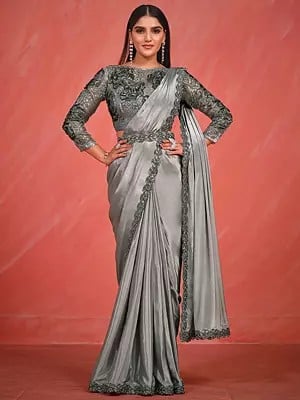 Silver-Grey Crepe Silk Satin Sequins-Stone Embroidered Saree With Organza Silk Matching Blouse