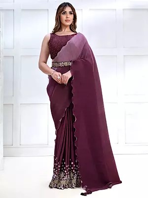 Wine Crepe Satin Silk Dual-Tone Saree With Cord-Sequins Embroidery And Satin Silk Blouse