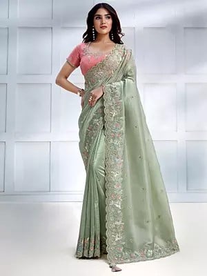 Green-Lily Banarasi Crush Silk Sequins-Stone Embroidered Scalloped Border Saree With Malai Satin Pink Blouse