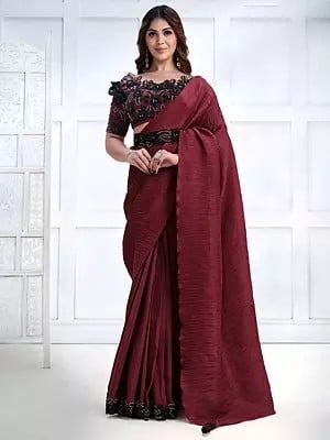 Crepe Silk Georgette Maroon Saree With Net Designer Blouse And Cord, Sequins, Stone Embroidery