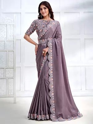 Lavender Crepe Satin Silk Scalloped Border Saree With Matching Blouse And Cord, Sequins, Stone Embroidery