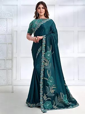 Moroccan-Blue Floral Motif Saree With Organza Silk Blouse And Cord, Sequins, Stone Embroidery