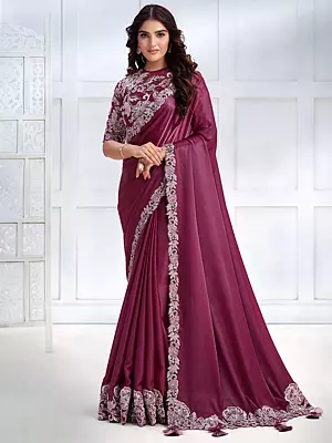 Raspberry-Coulis Crepe Satin Silk Tassel Pallu Saree With Organza Silk Blouse And Cord, Sequins, Stone Embroidery