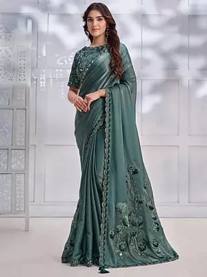 Smoke-Blue Crepe Satin Silk Scalloped Border Saree With Malai Satin Blouse And Cord, Sequins, Stone Embroidery