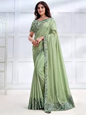 Pista-Green Tusser Silk Cord, Sequins, Stone Embroidered Saree With Satin Crepe Silk Blouse