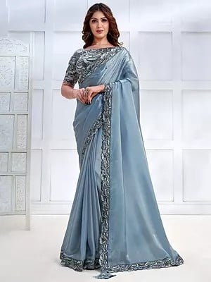 Dusty-Blue Crepe Satin Silk Cord-Sequins Embroidered Saree With Organza Silk Blouse
