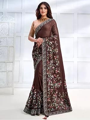 Downtown-Brown Georgette Silk Sequins-Stone Embroidered Saree With Malai Satin Cream Blouse