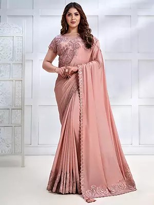 Peach Pure Crepe Georgette Saree With Banglori Silk Blouse And Cord, Sequins, Stone Embroidery