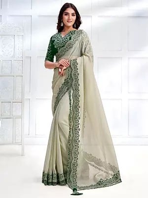 Phantom-Green Net Organza Georgette Cord-Sequins Embroidered Saree With Satin Crepe Silk Blouse
