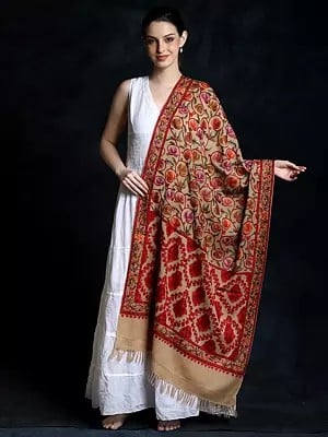 Woolen Detailed Multicolored Floral Jaal Pattern Fine Aari Embroidered Shawl from Kashmir