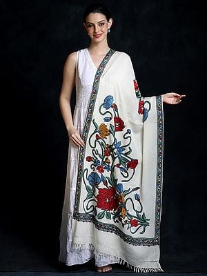 Snow-White Woolen Multicolored Floral Fine Aari Embroidered Shawl from Kashmir
