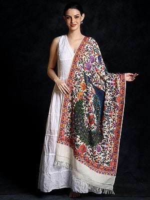 Lucent-White Woolen Pair of Peacock Multicolored Aari Embroidered Shawl From Kashmir