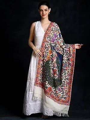 Lucent-White Woolen Pair of Peacock Multicolored Aari Embroidered Shawl From Kashmir