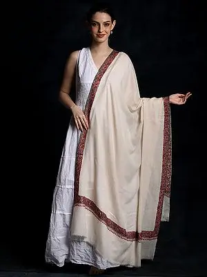 Arctic-Wolf Color Kashmiri Shawl with Multicolor Floral Motif Sozni Embroidery