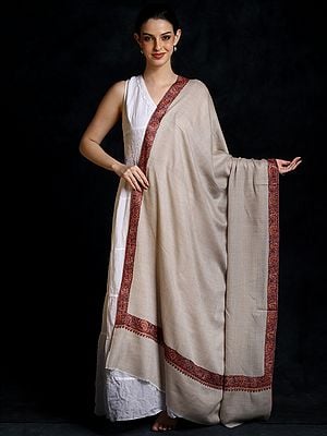 French-Oak Diamond Weaved Woolen Shawl with Sozni Embroidered Border