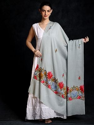 Glacier-Gray Woolen Floral Ari Embroidered Kashmir Shawl