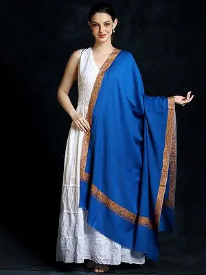 Nautical-Blue Woolen Kashmiri Shawl with Sozni Embroidery Border