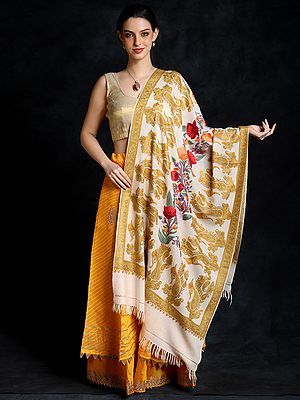 Antique-White Woolen Aari Embroidered Shawl From Kashmir