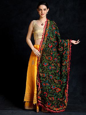 Black-Beauty Georgette Phulkari Dupatta with Multicolored Floral Vines Embroidery