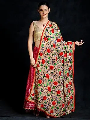 Autumn-Blonde Chiffon Phulkari Dupatta with Multicolored Floral Jaal Embroidery