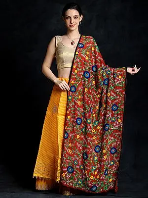 Baked-Clay Multicolored Floral Vines Embroidered Phulkari Chiffon Dupatta