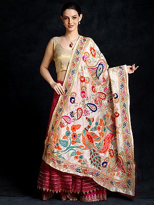 Light-Golden Art Silk Phulkari Dupatta With Multicolored Peacock-Kalka Motifs