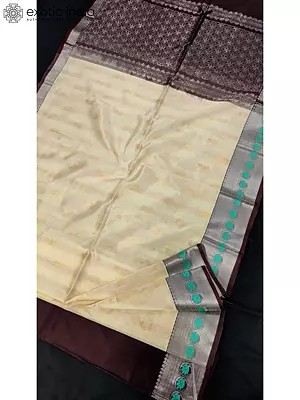 Cream-White Pure Handwoven Saree With Rich Pallu And Contrast Blouse