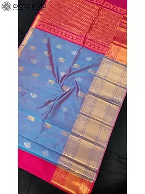 Malibu-Blue Silk Saree With Rich Pallu And Contrast Blouse
