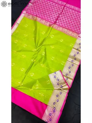 Parrot-Green Handwoven Silk Saree With Contrast Blouse
