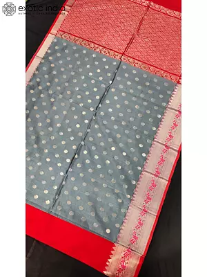 Frost-Gray Saree With Rich Pallu And Contrast Blouse