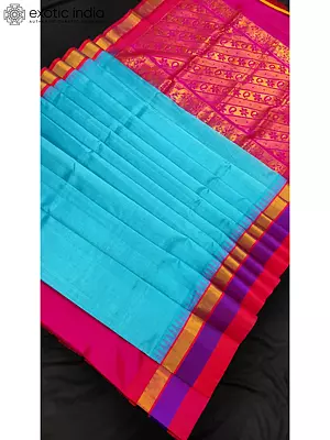 Sky-Blue Gadwal Pattu Silk Saree With Contrast Blouse