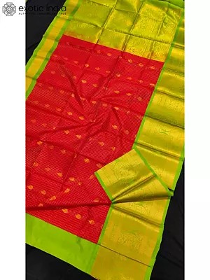 Candy-Red Pure Handwoven Silk Saree With Contrast Blouse