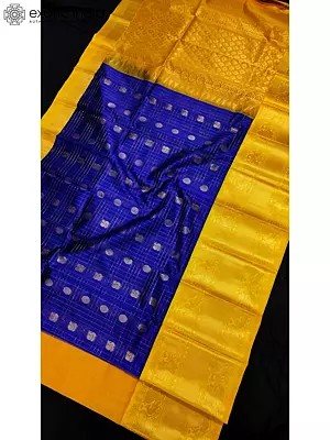 Navy-Blue Gadwal Pattu Silk Saree With Contrast Blouse