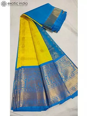 Canary-Yellow Gadwal Pattu Silk Saree With Contrast Blouse