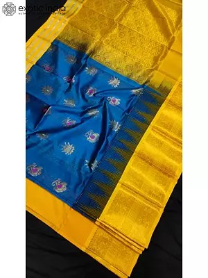 Cobalt-Blue Pure Handwoven Silk Saree With Contrast Blouse