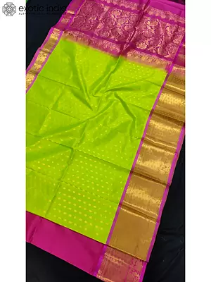 Parrot Green Gadwal Pattu Silk Saree with Pink Blouse